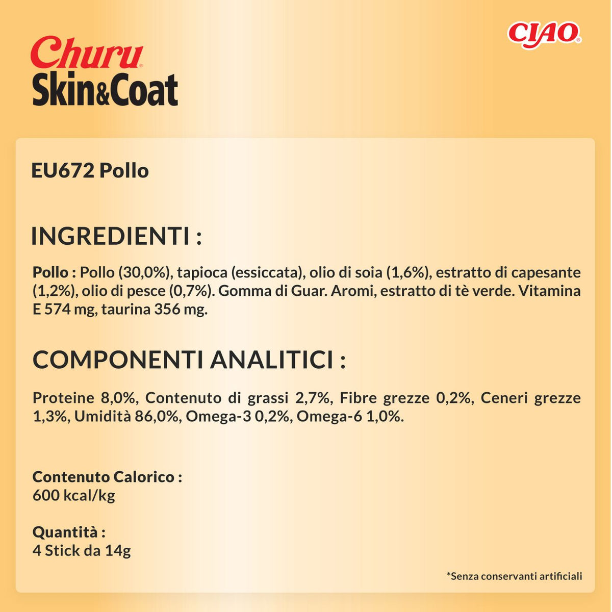 Inaba Ciao Snack in Crema per Gatti Churu Skin&amp;Coat Premio al Pollo 4 Stick da 14 g