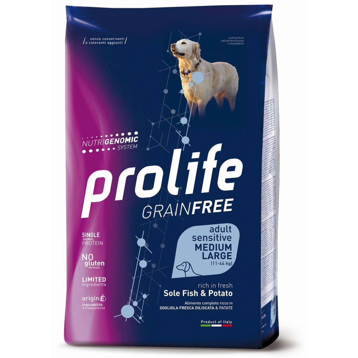 Prolife® Grain Free Sensitive Adult Medium Large Sole Pesce e Patate per Cani 10 Kg