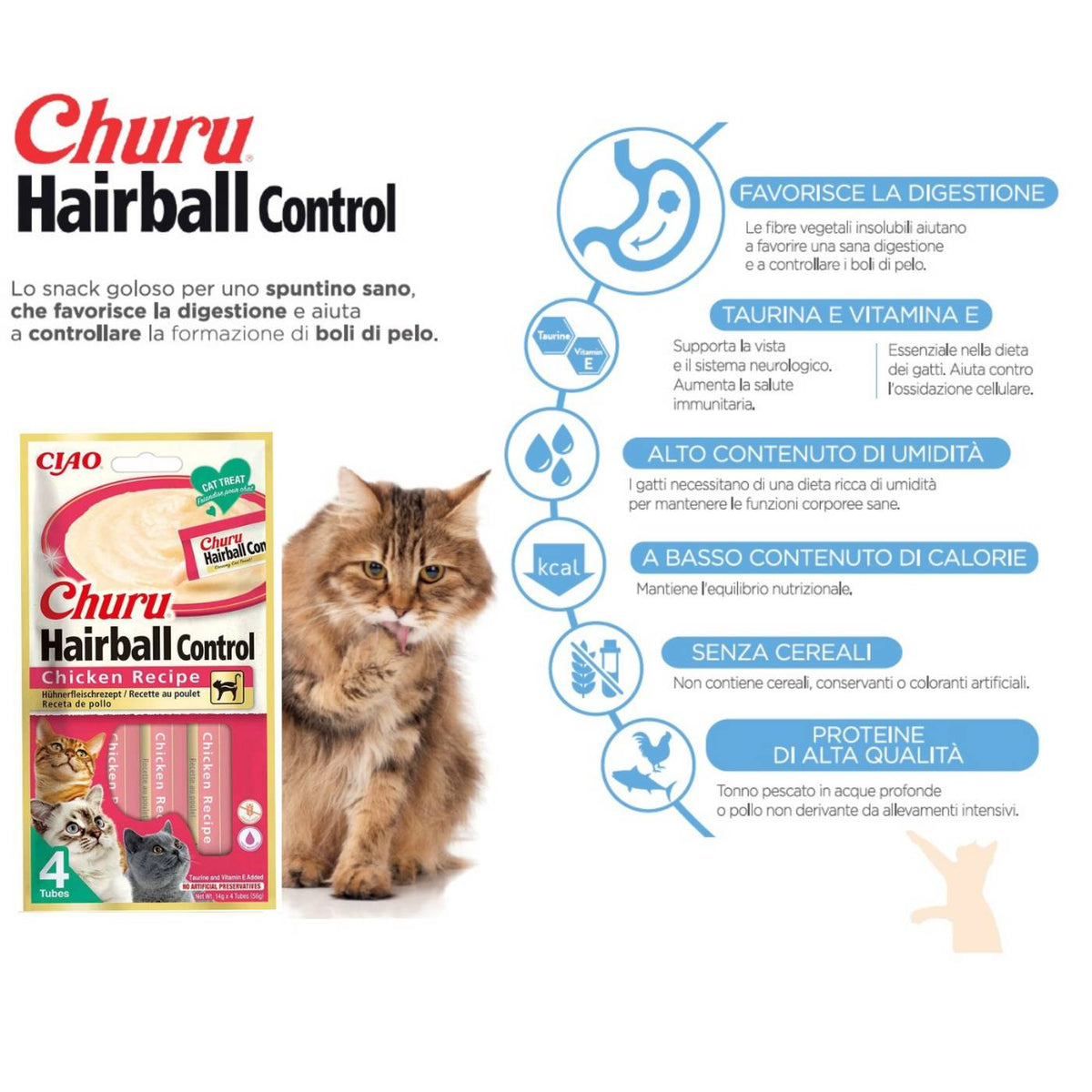 Inaba Churu Hairball Snack per Gatti per Prevenire i Boli di Pelo al Pollo 4 Stick da 14 g