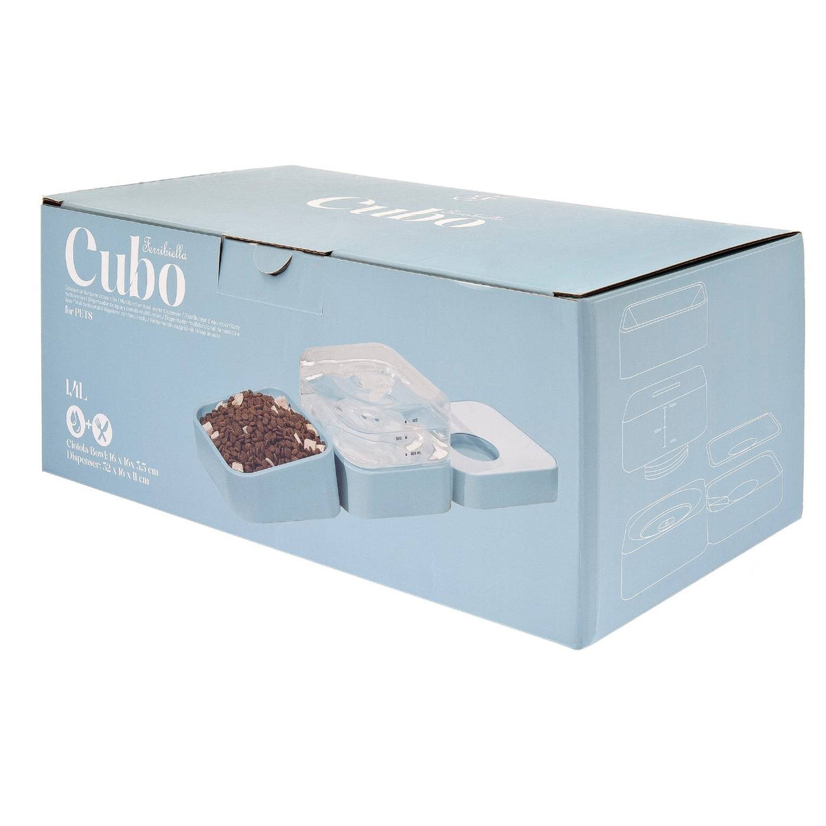Ferribiella Ciotola Dispenser Multifunzione per Acqua e Cibo Cubo per Animali 32 x 16 x 11 cm