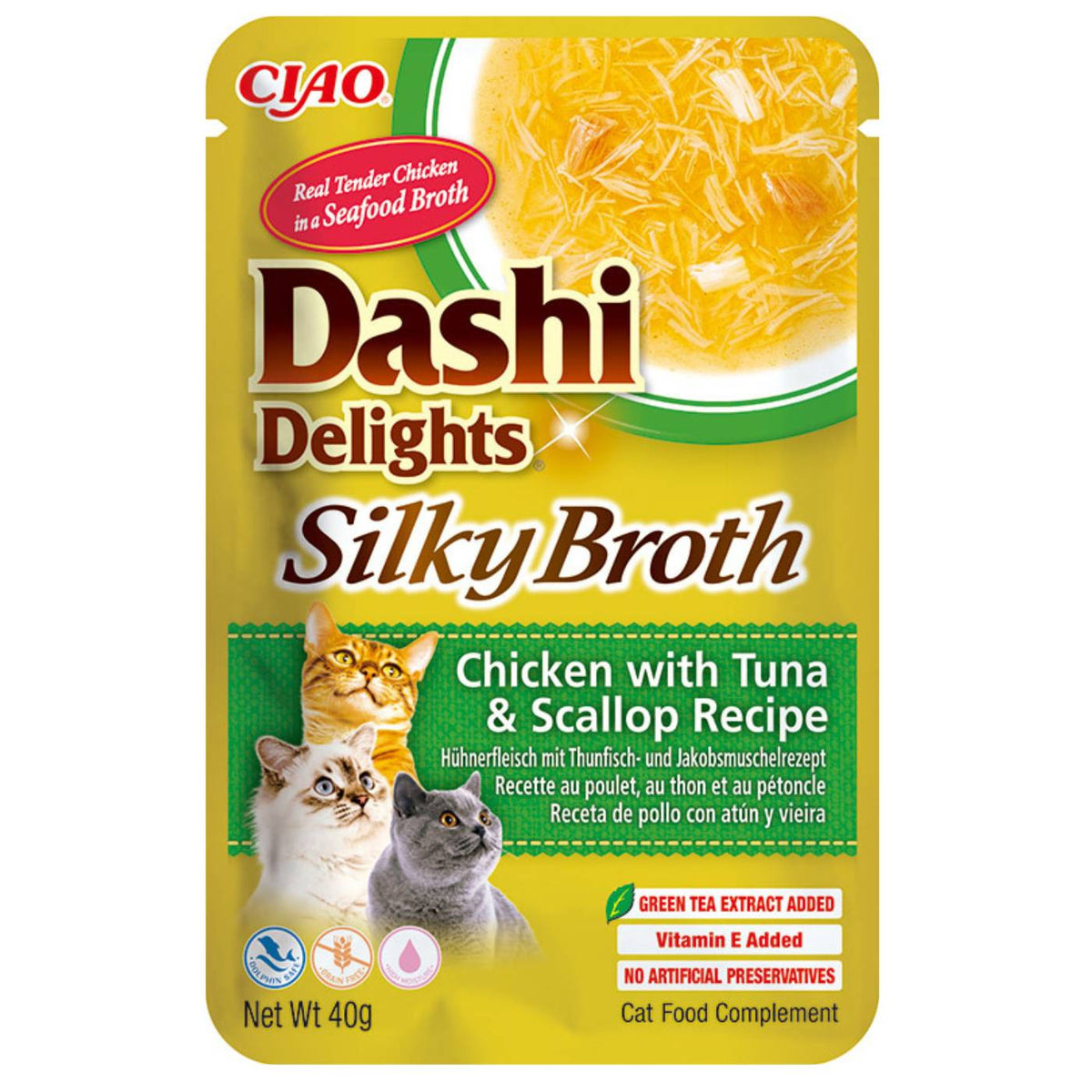 Inaba Ciao Dashi Delights Silky Broth Brodo di Pollo con Tonno e Capasanta Umido per Gatti 40 g